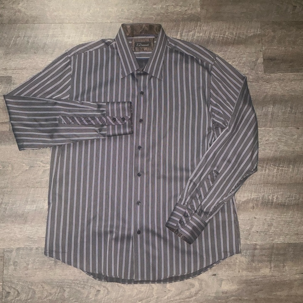 7 Diamonds Shirt Men XL Performance Stretch Dark Brown W/ Strips Button Up LS